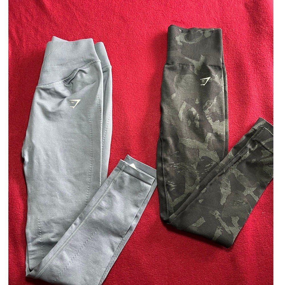 Gymshark Womens XS Seamless Leggings Bundle Blue Camo High Waisted 2 Pack